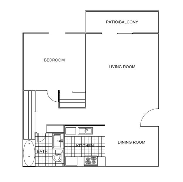 Floor plan for 1 bed, 1 bath, 764 sqft
